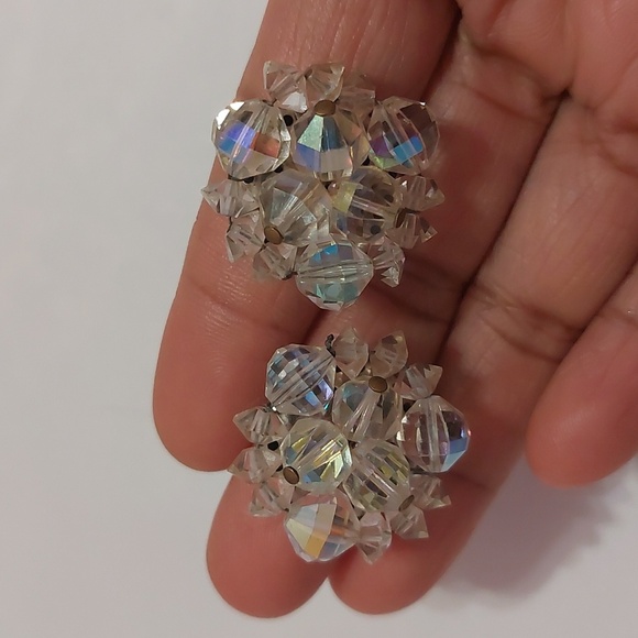Vintage Germany AB Rhinestones Aurora Borealis Clip On Earrings - Picture 4 of 7